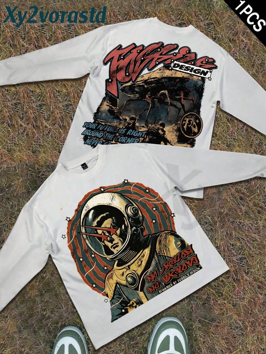 Y2k Astronaut Art Punk Long Sleeve Shirts ,Sky Double-Sided Printing,Christmas Style Graphic T Shirt Cotton,Fashionable Hip-Hop For Men - Long Sleeve T-Shirts, Funny Vintage Shirts,Regular Fit, Street Style, Digital Print, Ideal Gift - 白色 - 查看 1
