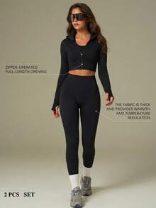 UONNOU Bộ đồ thể thao nữ 2 món, áo dài tay và quần định hình, trang phục thường ngày ngoài trời cho nữ, đồ thể thao, đồ định hình, đồ ôm sát, kiểu áo khoác, kiểu áo khoác mô tô, cổ đứng, khóa kéo toàn thân, thiết kế lỗ xỏ ngón tay thể thao, áo siêu ngắn ôm sát, nâng mông, làm thon gọn eo và bụng, tạo dáng chân và giúp bạn trông thon gọn hơn, quần thể thao ôm sát, độ co giãn cao và khả năng định hình tốt, vải dệt kim mềm mại không đường may, thích hợp cho các hoạt động thể thao và ngoài trời, yoga, tập gym, chạy bộ, sinh hoạt hàng ngày, đi làm, tiệc tùng và lễ hội, v.v., bộ đồ thể thao và ngoài trời thời trang cho mọi mùa, phong cách thu đông, xuân hè. - màu đen - Xem 3