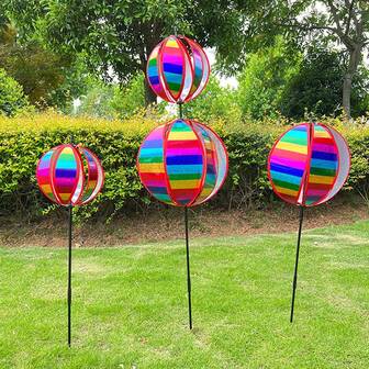 1pc Sequin Striped Rainbow Windmill, Colorful Rotating Ball, Iridescent Sphere Pinwheel, Outdoor Decor Weathervane, Suitable For Yard, Lawn, Garden, Scenic Area