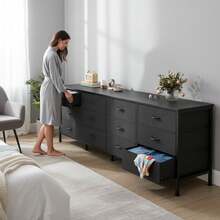 5 Drawer Dresser Bedroom, 39.4 Fabric Chest Of Drawers With Wooden Top, Storage Organizer Closet, Hallway & Living Room, Rustic Brown - 黑色 - 查看 2