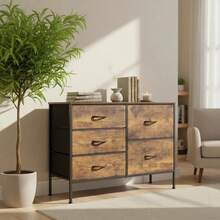 5 Drawer Dresser Bedroom, 39.4 Fabric Chest Of Drawers With Wooden Top, Storage Organizer Closet, Hallway & Living Room, Rustic Brown - Rustic Brown - 查看 2