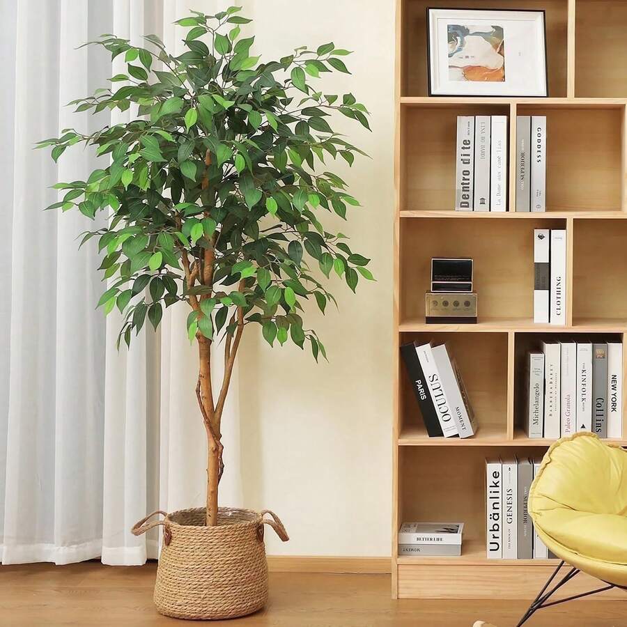 6 Feet Artificial Ficus Tree, Tall Lifelike Greenery With Natural Wood Trunk Living Room, Office Floor And Corner Decor - 5' - 查看 1