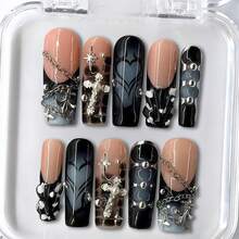 NailLush 10 PCS Handmade Square Press-On Nails | Gothic Punk Luxury Black-Nude Acrylic Nails, 3D Cross & Metal Chain Embellished Star - màu đen - Xem 2