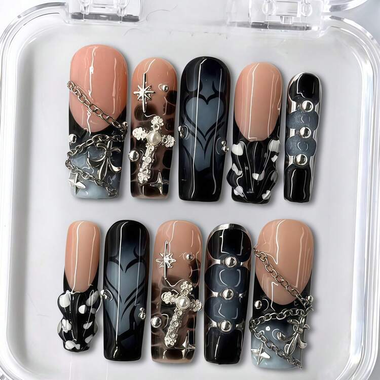 NailLush 10 PCS Handmade Square Press-On Nails | Gothic Punk Luxury Black-Nude Acrylic Nails, 3D Cross & Metal Chain Embellished Star - màu đen - Xem 2