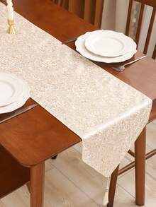 Caminho de mesa decorativo em jacquard dourado (1 peça), com estampa abstrata e franjas, ideal para sala de jantar, sala de estar e ocasiões festivas. - Ouro - Ver 7