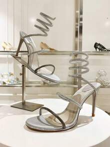 2026 New Black & Gold Rhinestone Snake Wrap Stiletto High Heels For Women - Silver - View 1