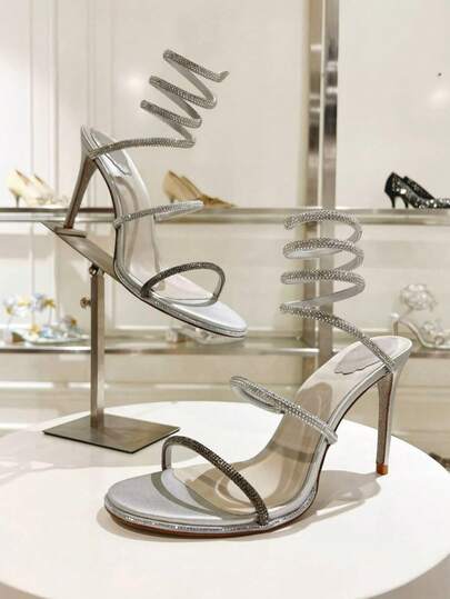 2026新款黑色金钻蛇形缠绕细高跟女鞋