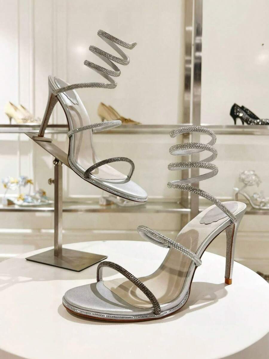 2026 New Black & Gold Rhinestone Snake Wrap Stiletto High Heels For Women - Silver - View 1