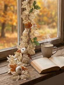 1 pieza 1.75M Guirnalda elegante de hojas de arce con calabazas blancas y bayas, decoración de vid otoñal rústica beige para el hogar, chimenea, Acción de Gracias y fiestas de temporada - Multicolor - Ver 6