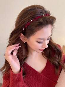 1 szt. Opaska do włosów z kryształkami, flokowana, dla kobiet, codzienny dodatek do włosów do mycia twarzy - Czerwony - Zobacz 4