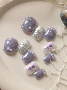 10pcs Press On Nails Kit Silvery Tulip Fake Nails Short Office DailyWear False Nails Artificial Nails Kit Includes 1sheet Adhesive Tabs &1 Pc Mini File Nail Supplies - Multicolor - View 4