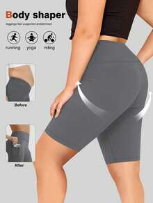 Plus Size High Waist Women Sports Shorts With Pockets, Waist & Abdomen Slimming, Butt Lifting - Dark Grey - View 4