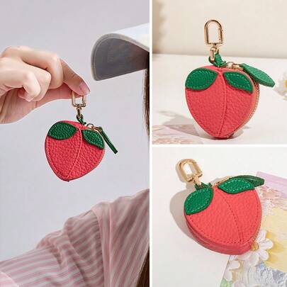 Mini Coin Purse With Peach Pendant, Suitable As Gift For Girls Or Women, Ideal For Valentine's Day