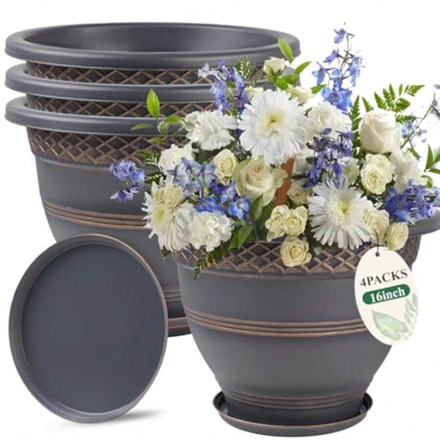 4 paquetes de macetas de plástico grandes de 16 pulgadas para plantas, macetas de flores para interiores y exteriores con agujeros de drenaje y platillo, con patrón a cuadros, macetas de jardín para hierbas - Cobre - Ver 1