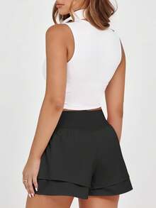 Pantalones cortos deportivos de mujer de cintura alta con volantes y capas, con pantalones cortos incorporados, fluidos para tenis, running y actividades - Negro - Ver 3