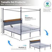 CYBase Cama MatrimonialCama Matrimonial Recamara Matrimonials Estructura Camas De 1 4M Cabecero Y Barra para Mosquitera Equipado con 2 Tomas De Carga Y 2 Puertos USB con Luz LED Gris - como en la foto - Ver 2