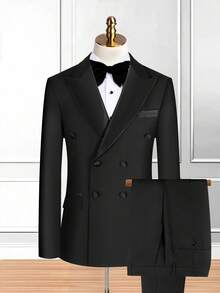 男士双排扣婚礼宴会司仪西装套装（两件套），英伦风高端翻领西装外套+西裤 - 黑色 - 查看 3