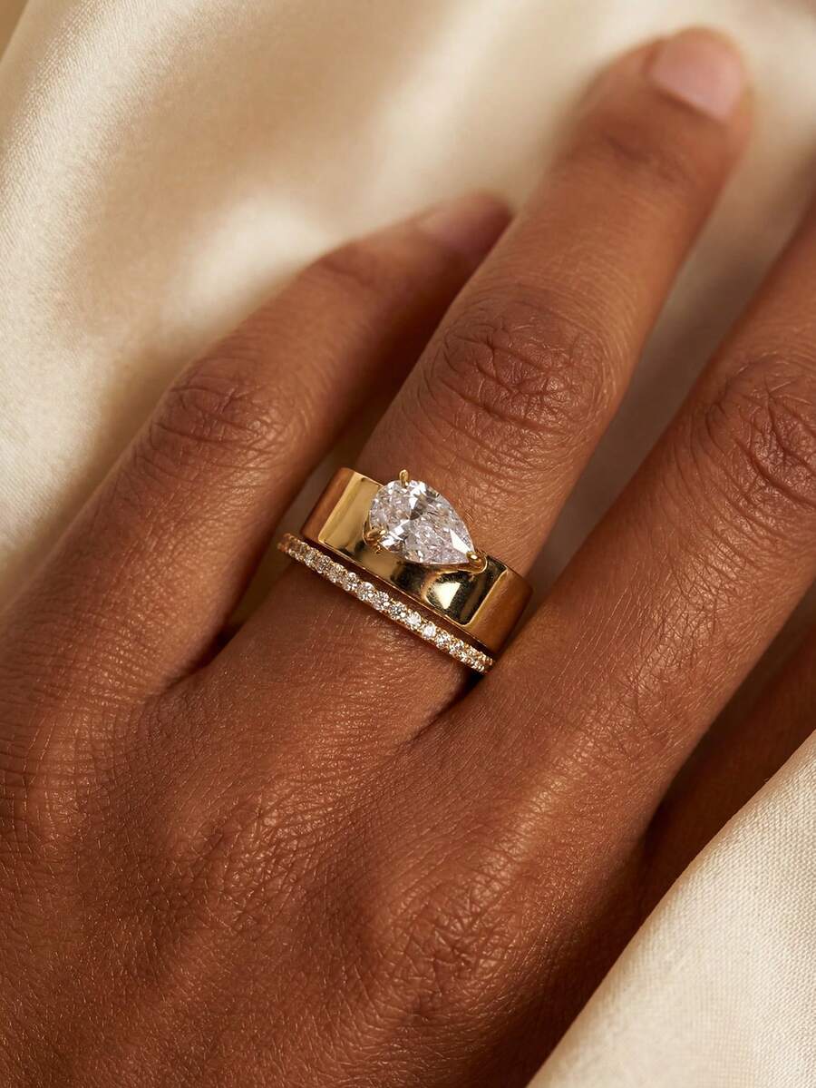 2pcs/Set Classic Water Drop Shaped Diamond Fairy Ring Set, Inlaid Diamonds, Engagement Gift, Holiday Gift, S925 Sterling Silver Exquisite Jewelry Gift