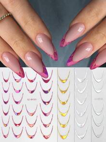 8张3D法式美甲贴纸，3D自粘金银红激光条纹法式线条转印贴纸，曲线美甲设计，闪粉引导条纹美甲配件，女士DIY美甲装饰 - 彩色 - 查看 4