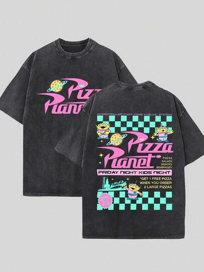  [Disney Official Authorization] Cosmic Pizza Party Double-Sided Printed Men's T-Shirt, Soft And Retro, Versatile Style, 100% Washed Cotton T, Heavy 230g.