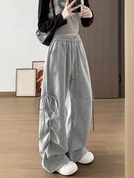 Spring & Summer Korean Style Elastic Waist Bow Tie Loose Wide Leg Pants For Women