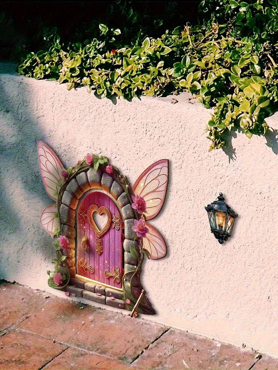 一套2D平面木质仙女门饰 - 心形和蝴蝶图案，梦幻花园和桌面摆件，室内/室外迷你景观艺术，仙女主题装饰，天然木工艺品 - 彩色 - 查看 1