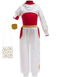 3pcs Carnival/Easter Costume Set: Asymmetrical Sleeve Star Print Long Jacket + Short Sleeve Top + Pants, With Bracelet & Bag, Party Outfit - Red - View 2