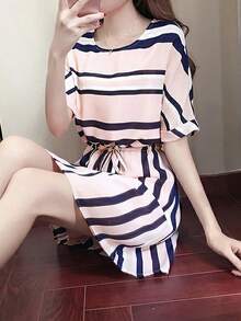 Vestido corto de mujer Vestido elegante y casual de talla grande para mujer, corte ajustado favorecedor, color azul claro, bloques de color en contraste, rayas, manga corta, cintura elástica con cordón. - Rosa - Ver 5