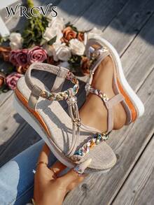 WRCVS Beige Women's Sandals, Random Woven Pattern Bohemian Style Wedge, Summer Platform Thick Bottom, Shoes, Holiday, Boho - Beige - View 5