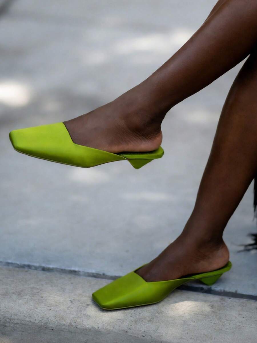 Stain Mules Slingback Pumps For Women Closed Square Toe Kitten Heel Slip On Slides Sandals Luxury Elegant Fashion Shoes - 綠色 - 查看 1