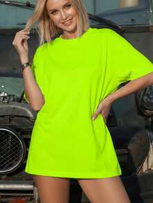 Camiseta de mujer minimalista y fresca, de manga corta, cuello redondo, unicolor y holgada, adecuada para primavera y verano casual - Verde - Ver 5