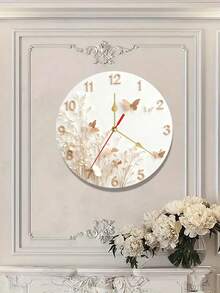 简约花卉蝴蝶挂钟 - 静音无滴答现代圆形木质电池供电挂钟（不含电池），米色表盘，红金指针 - 优雅家居装饰，适用于客厅、卧室 - 生日、乔迁、结婚礼物佳选 - 粉彩装饰钟，时尚挂钟，卧室挂钟，钟表墙饰，可爱挂钟，复古无滴答挂钟，材质耐用，做工精良，2D平面