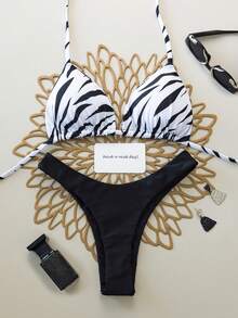 Bộ bikini hai mảnh họa tiết sọc ngựa vằn và màu trơn tương phản, gợi cảm, hở lưng dành cho nữ, thích hợp cho bãi biển, khu nghỉ dưỡng, lễ hội, kỳ nghỉ hè. - Đen và trắng - Xem 5