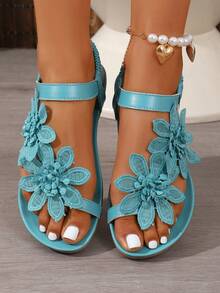 Women's Elegant Sandals, Floral Decor In Cooling Colors, Fairy Tale Style For Summer, Open Toe Design, Fabric Upper And Lining, Non-Slip Outsole, Microfiber Insole - Lightweight,Beach Outfits - Baby Blue - View 3