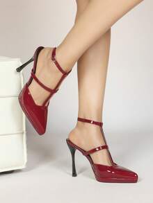 女士尖头厚底闭趾踝带金属扣高跟凉鞋，简约基础款，适合夏秋穿着 - 紅色 - 查看 5