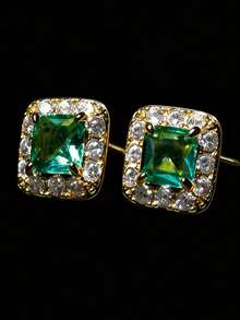 1 Pair Men's Earrings, Copper Inlaid Green Zirconia Square Earrings, Daily Accessory Gift - Square Earrings - View 2