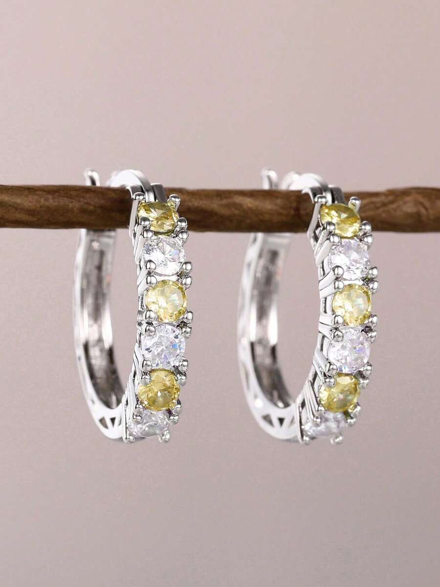 1 Pair Fashion Cubic Zirconia Hoop Earrings For Women For Wedding Anniversary Engagement Party Jewelry Valentine's Day Gift - Yellow - View 1