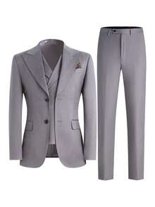 2026 Trending Men's 3-Piece Suit Set - Peak Lapel Blazer, Vest & Dress Pants | Classic Solid Formal Wear For Wedding Guest, Business & Prom (Easy-Care Poly-Viscose Blend) - Xám - Xem 9