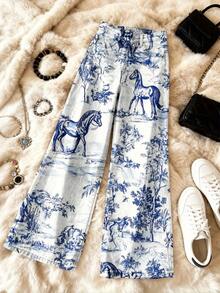 Women's High-Waisted Vintage Bell-Bottom Jeans Pants - Wide-Leg Cowboy Trousers With Blue Horse & Floral Landscape Print, Stretch For Fall/Winter, Beltless Button Closure (Machine Washable) - Straight-Leg For Comfortable Streetwear - 彩色 - 查看 4