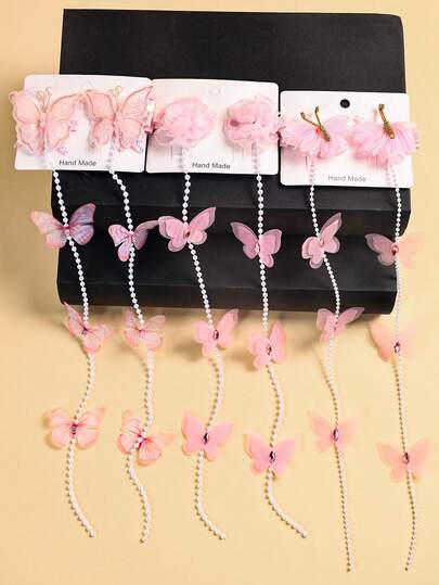 2 Pcs Girls Butterfly/Flower Hair Clips, Cute Back To School Butterfly Faux Pearl Chain Tassel Hairpin Hair Barrette Hair Accessory For Holiday Parties And Daily Use