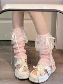 1 Pair Ballet-Style Lace Bow Knitted Leg Warmers, Japanese Sweet Girl Ribbon White Thigh High Leg Warmers, Y2K Subculture Plaid Slim Long Leg Warmers