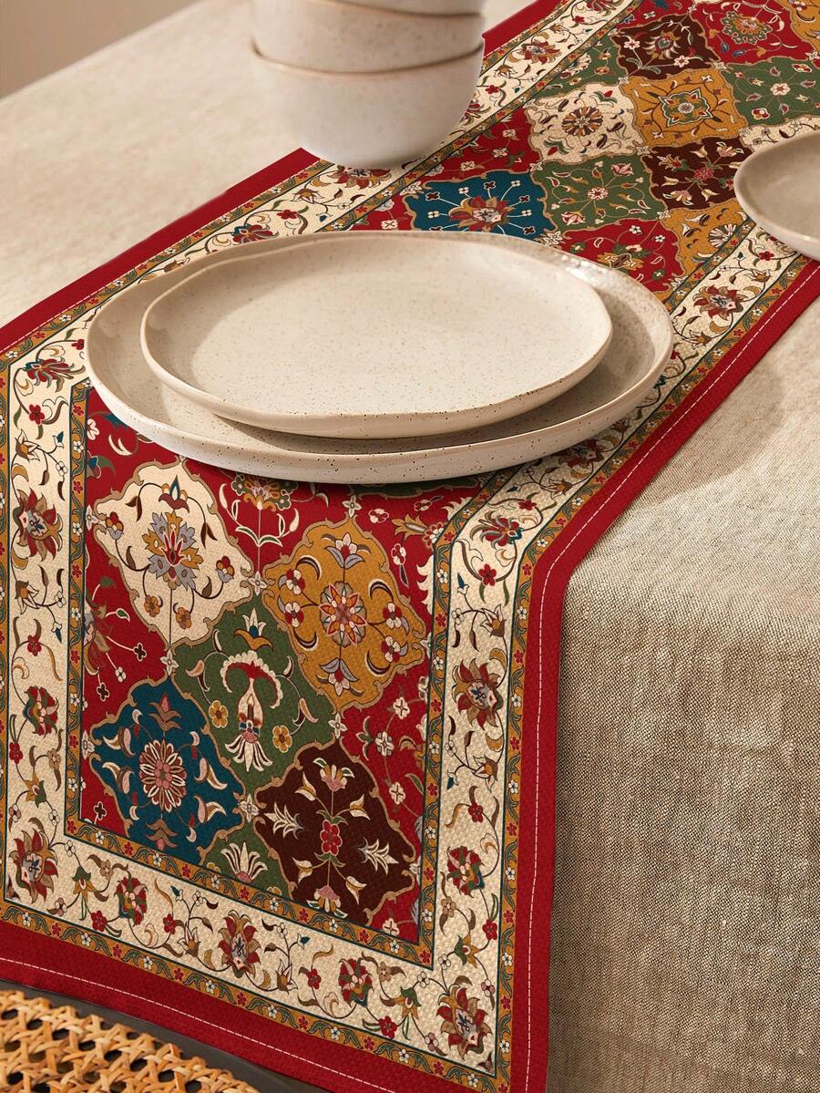 1pc Bohemian Geometric Vintage Floral Print Linen Table Runner, Suitable For Holidays, Parties, Birthdays, Dinners, Kitchen & Dining Room Decor, Dresser/Cabinet Cover, All Season Home & Textile Decor - Multicolor - View 1