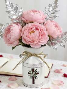 Distressed White Flower Vase. Suitable For Pink Peony & Silver Leaf Bouquet, Paired With An Open Notebook On A Lace Tablecloth, Accented With Flower Petals To Create A Gentle And Elegant Literary Atmosphere. - White - View 6