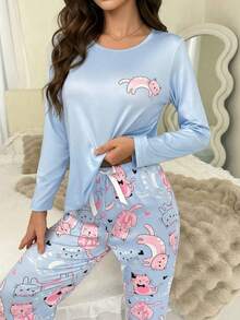 2pcs Light Blue Cat Print Long Sleeve Pajama Set For Women - Baby Blue - View 4