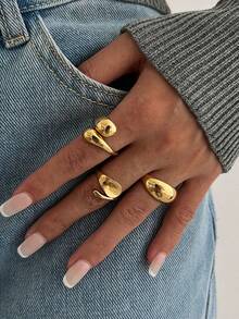3pcs Unique Geometric Waterdrop Smooth Open Ring Set, Suitable For Daily Wear For Women - Yellow Gold - View 4