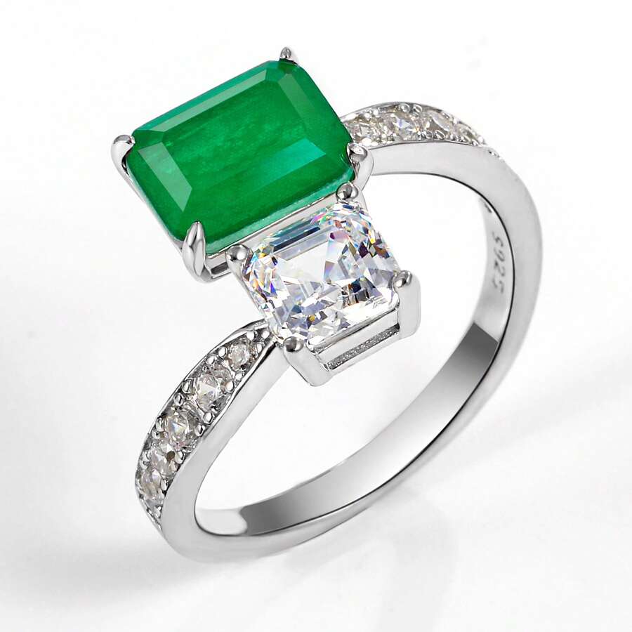 Da'ra Handpicked S925 Silver Green Gemstone & White Stone Adjustable Open Ring, Vibrant Green Gemstone As The Focal Point Accentuated By Transparent White Stones, Elegant 3D Ring Design Fits Comfortably On The Finger. As The Gemstone Touches The Skin, Its Dual-Tone Luster Radiates With The Light, Capturing The Freshness Of Midsummer And The Clarity Of Winter. Comes With A Customized Gift Box, An Exquisite Unboxing Experience. Wear It For Yourself Or Gift It To Express Your Heartfelt Sentiments, Each Piece Is A Unique Shining Memento. - Green - View 1