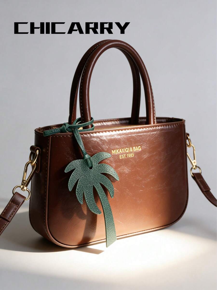 Túi xách nữ mùa hè có dây đeo vai tháo rời, họa tiết chữ in, kiểu dáng thanh lịch và thời trang, màu nâu, khóa kéo, lớp lót polyester, phong cách cổ điển, thích hợp cho đi mua sắm và hẹn hò.