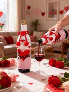 2个情人节小矮人葡萄酒瓶套，情人节针织葡萄酒瓶套，瑞典小矮人葡萄酒瓶塞，粉色爱心蝴蝶结设计，粉色爱心北欧风格，适合家居装饰、情人节、婚礼、餐桌、派对礼物 - 彩色 - 查看 5