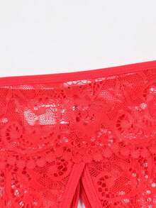 Women's Lace Lingerie Set, Open Back Design With Floral Trim Details And Open Crotch Thong, Valentine's Day Gift - Red - View 6