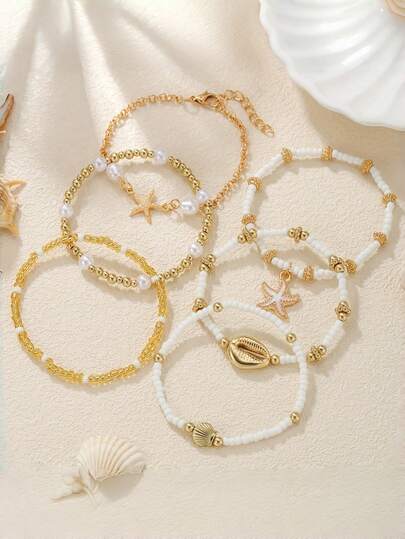 Set de 6 piezas de pulseras acrílicas con cuentas de tema elegante del océano, incluye elementos de estrella de mar, adecuado para hombres y mujeres, regalo perfecto para la fiesta de playa de la novia